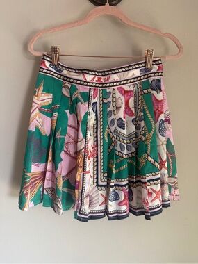 Her Bottari Scarf Print Pleated Mini Skirt Green Pink Ocean Seashell Starfish S